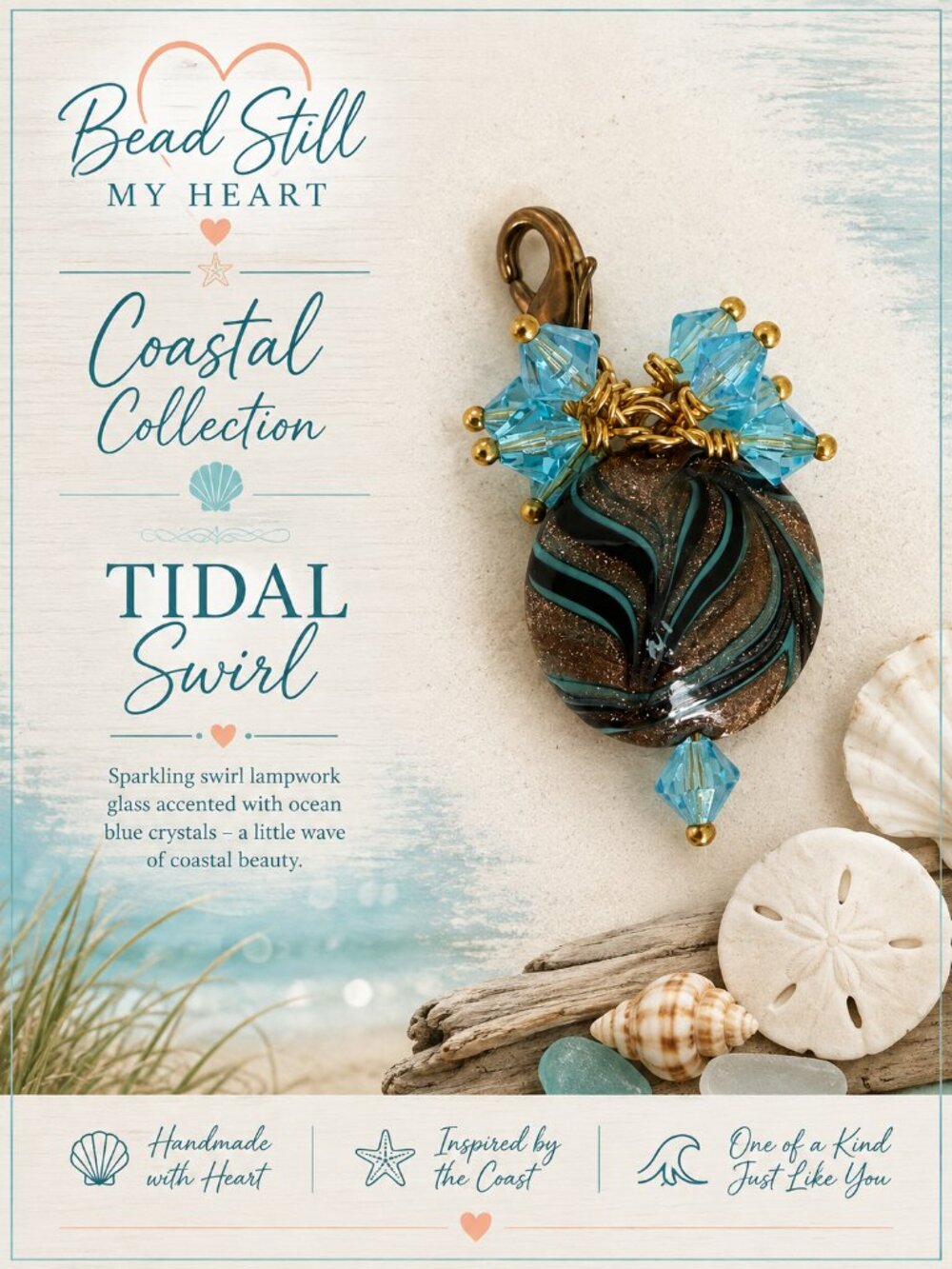 Tidal Swirl Handmade Lampwork Glass Bag Charm | Coastal Collection